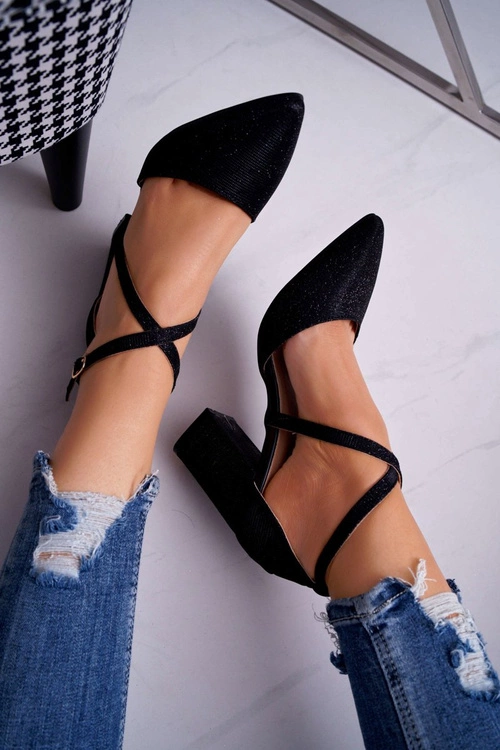 Czółenka Damskie Na Słupku Brokatowe Czarne Perset