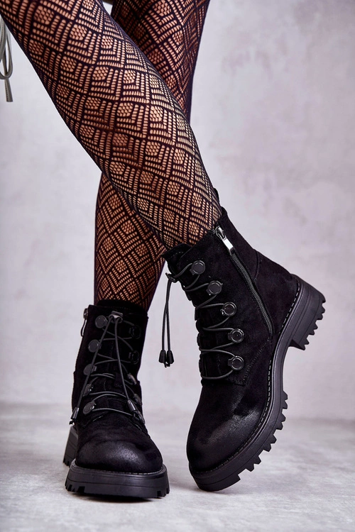 Damskie Zamszowe Ocieplane Botki Ze Ściągaczem Czarne Helia