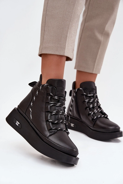 Skórzane Botki Damskie Na Platformie Ocieplane Artiker 55C0809 Czarne