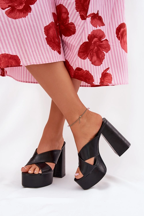 Klapki Damskie Na Platformie I Słupku Czarne Lenobos