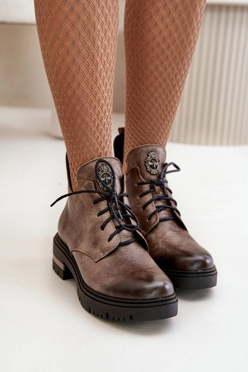 Zazoo 60309 Damskie Skórzane Botki Na Płaskim Obcasie Ciemnobeżowe