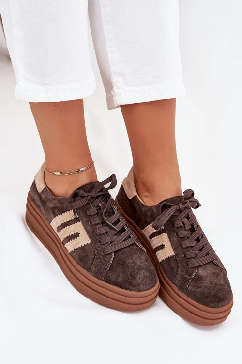 Sneakersy Damskie Na Platformie Z Naturalnego Zamszu Czekoladowe Eldira