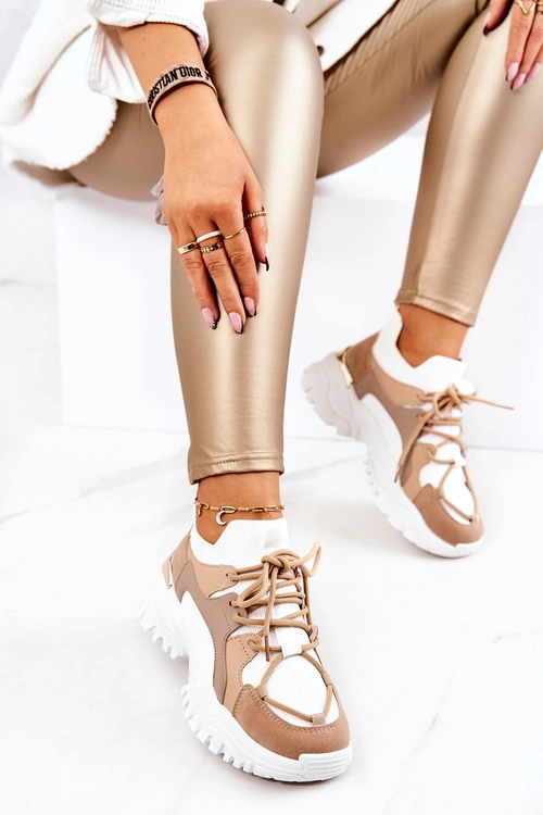 Sportowe Buty Sneakersy Skarpetkowe Beżowo-Białe Colleen