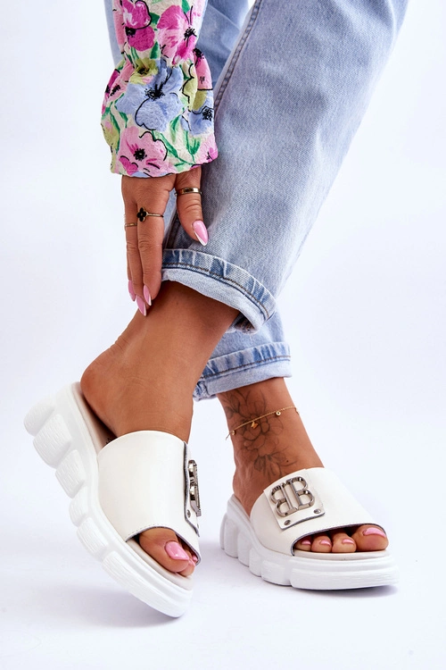 Damskie Skórzane Klapki Na Platformie Z Ozdobą Beżowe Monroe