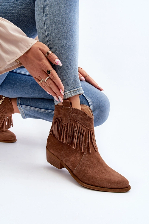 Zazoo 3430 Zamszowe Botki Damskie Z Frędzlami Camel