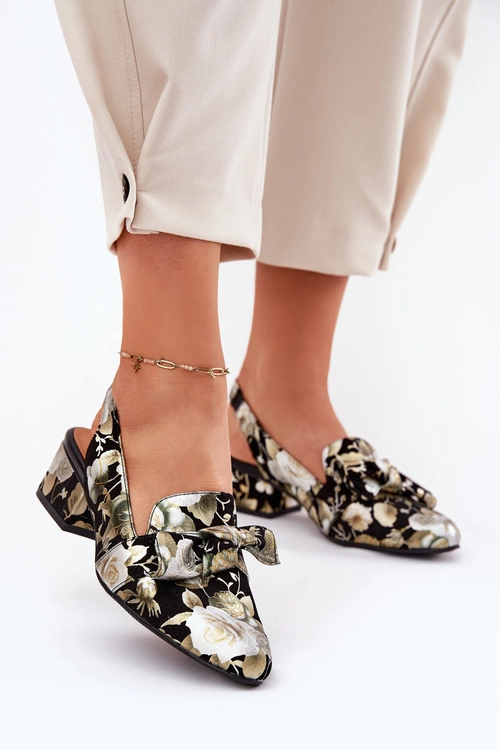 Skórzane Czółenka W Kwiaty Z Kokardą N6539-44 Czarne