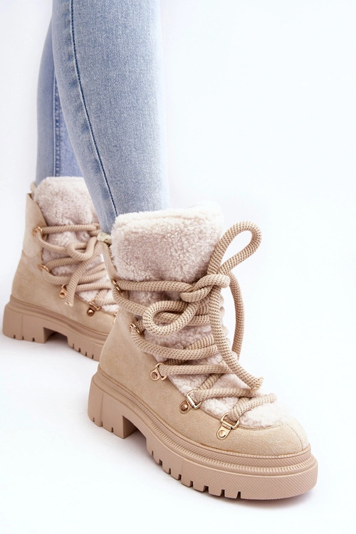 Trapery Śniegowce Damskie Z Wiązaniem Jasnobeżowe Shala