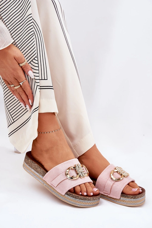 Klapki Damskie Na Platformie Z Brokatem I Złotą Ozdobą Różowe Rilirea