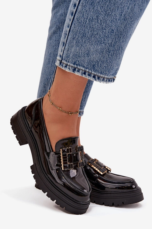 Mokasyny Damskie Lakierowane Z Ozdobą Czarne Ysandra