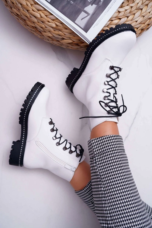 Botki Damskie Płaski Obcas Wysokie Glany Białe Buena