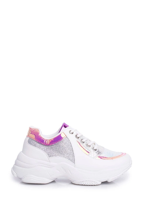 Sportowe Damskie Buty Brokatowe Białe Vebi