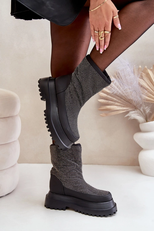 Zdobione Śniegowce Na Platformie I Płaskim Obcasie Czarne Avivina