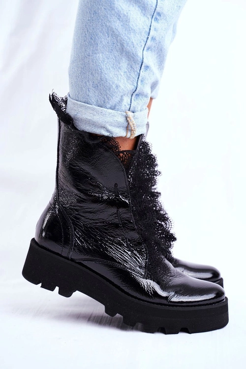 Damskie Botki Wysokie Lakierowane Skórzane Montegero