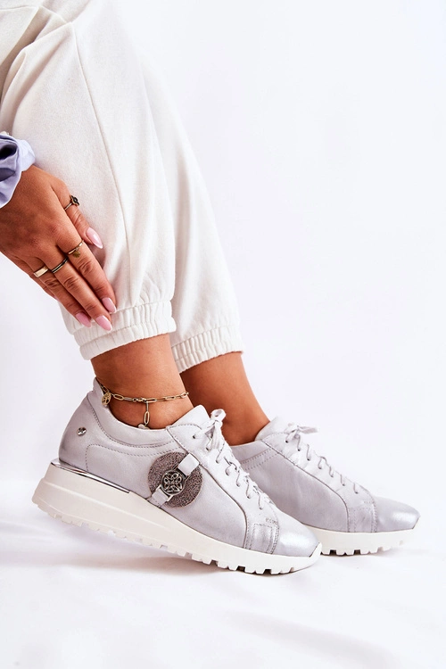 Skórzane Buty Sportowe Na Koturnie Maciejka 05492-11 Srebrne