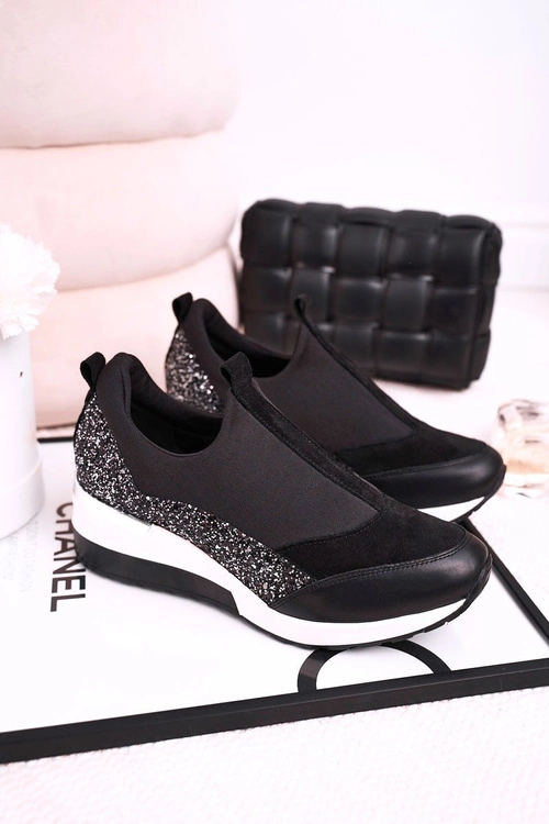 Damskie Skórzane Sneakersy Na Koturnie Czarne Srebrne Frances