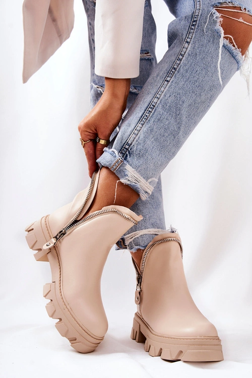 Skórzane Botki Ozdobne Suwaki Beżowe Deborah