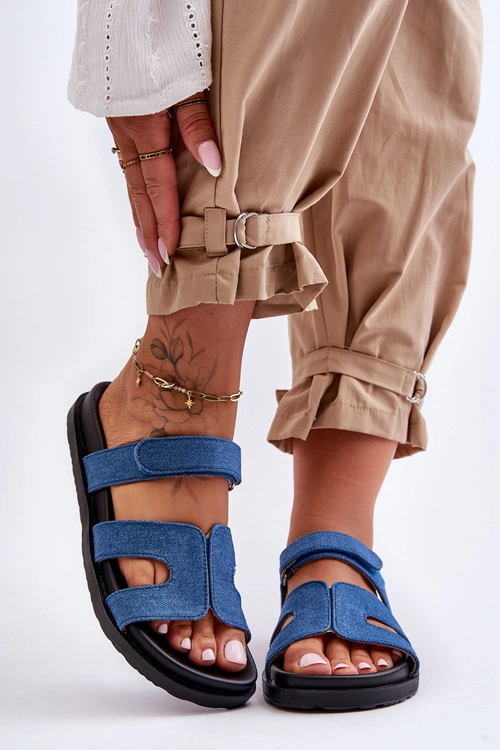 Materiałowe Damskie Klapki Na Rzep Ciemnoniebieskie Jose