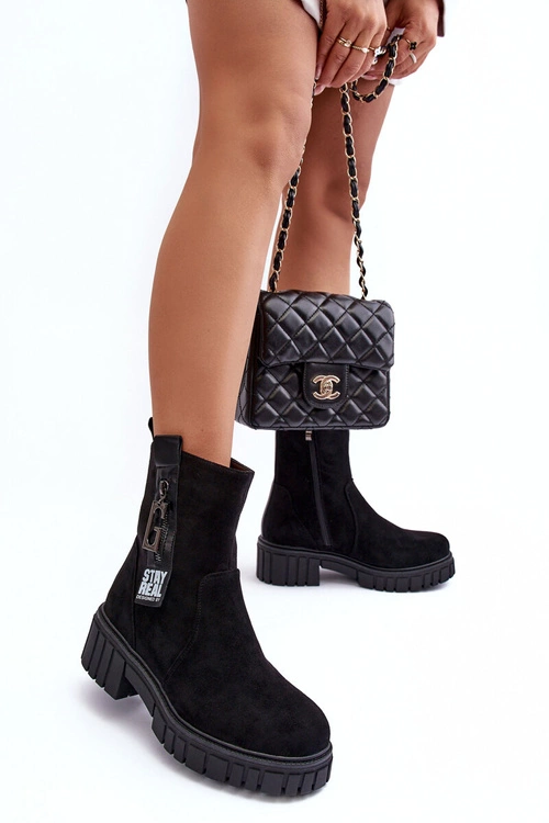 Masywne Zamszowe Botki Damskie Na Płaskim Obcasie Czarne Lunai