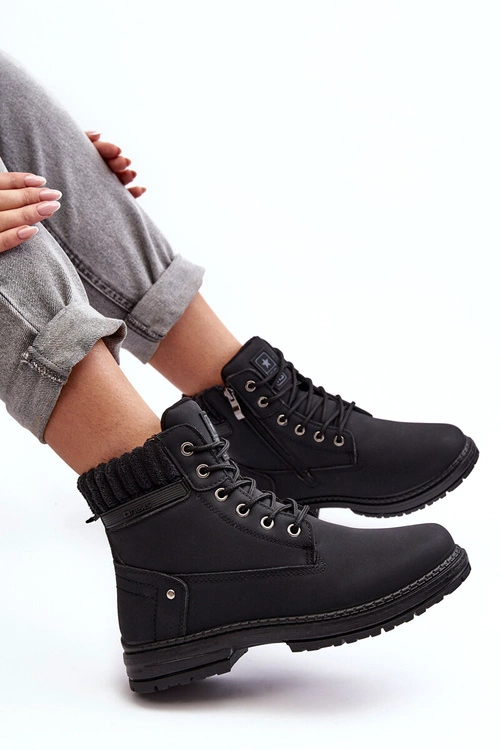 Damskie Skórzane Trapery Ocieplane Czarne Katalis