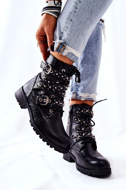 Skórzane Botki Z Paskami Zwierzęcy Wzór Czarne Kepherine