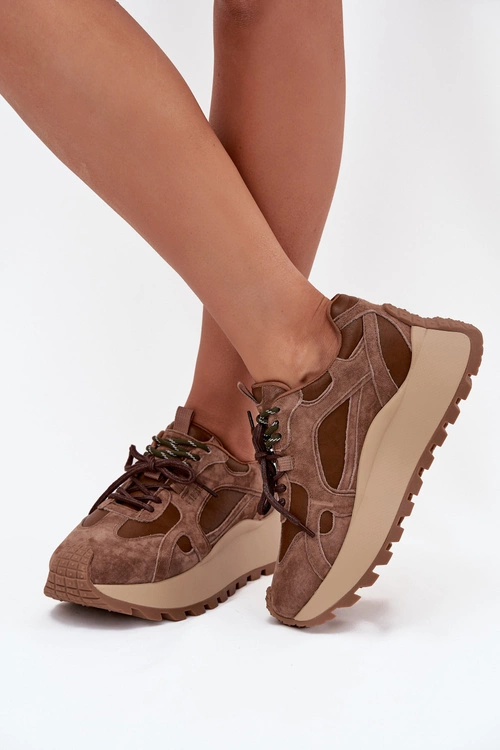 Skórzane Sneakersy Na Platformie Damskie Big Star SS274626 HI-POLY SYSTEM Camel