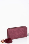 Damski Duży Portfel Ozdobny Zamek Brelok Pompon Bordowy