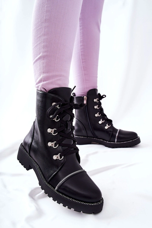 Klasyczne Skórzane Wiązane Botki Czarne Daiane