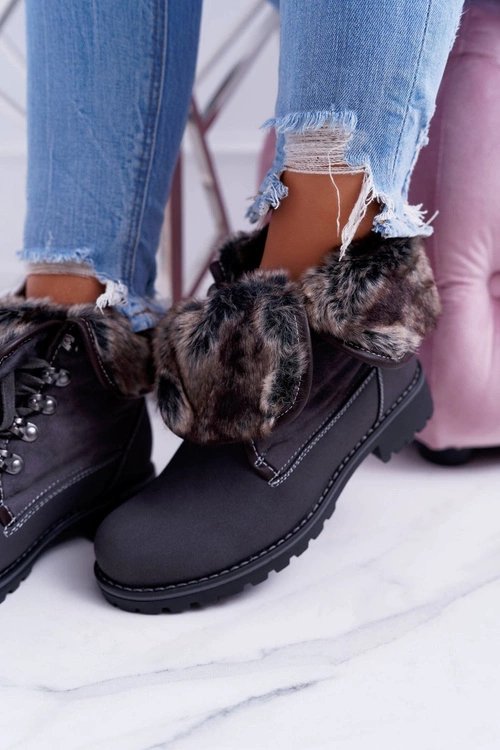 Damskie Szare Botki Trapery z Futerkiem Chester