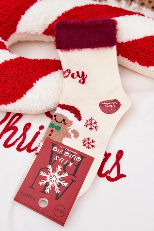Skarpetki Świąteczne Dziecięce Piernik I Futerko Wełna Alpaka Ecru
