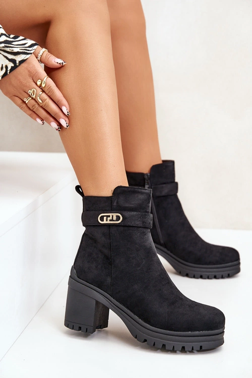 Botki Damskie Na Słupku Eko Zamszowe Ocieplane Na Zamek Czarne Laonora