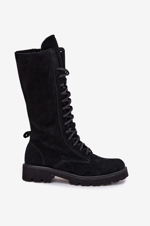 Zamszowe Botki Ze Sznurowaniem Do Połowy Łydki Zazoo 3103 Czarne