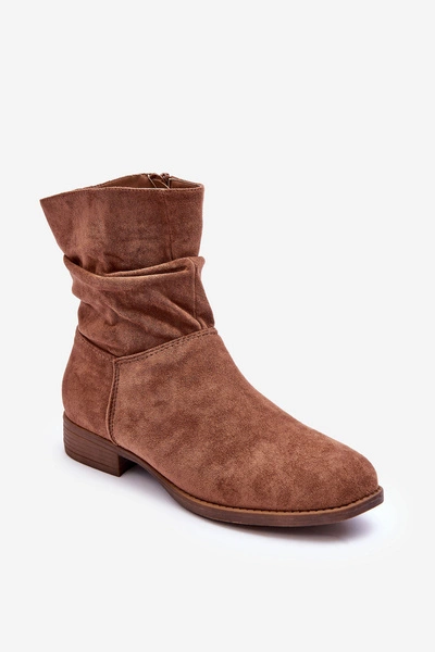 Zamszowe Marszczone Botki Na Płaskim Obcasie Brązowe Manuvia