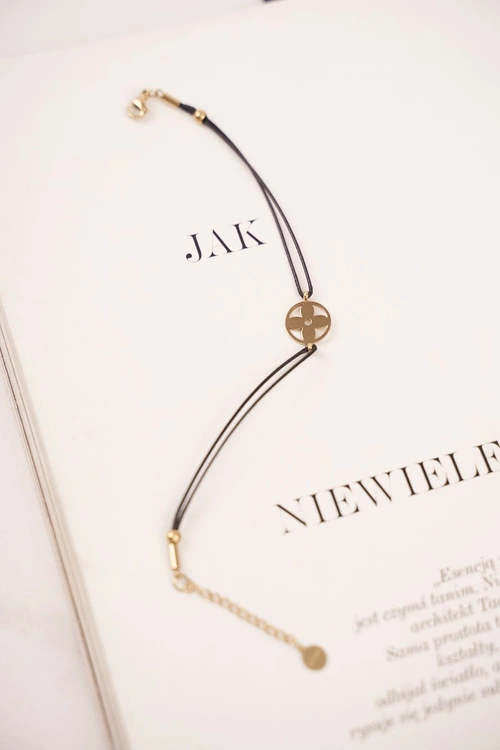 Damska Bransoletka Czarny Sznurek Celebrytka Złota Koniczynka Clara