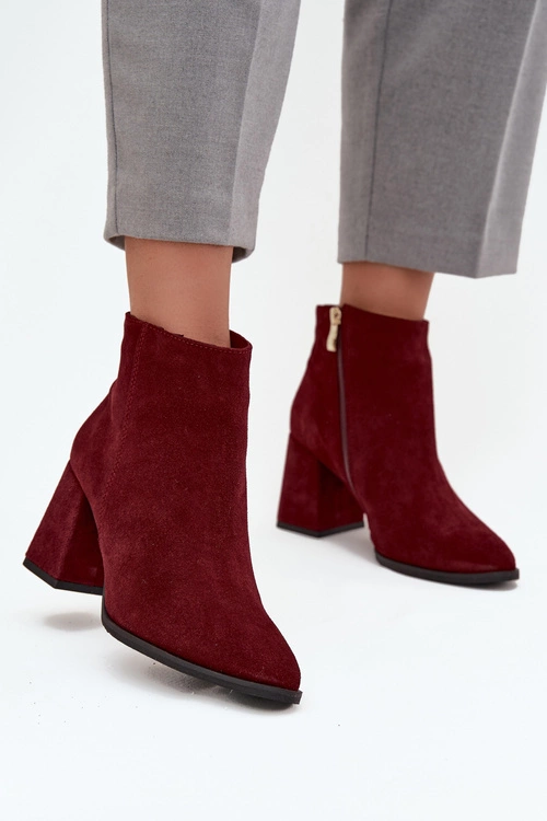 Botki Z Naturalnego Zamszu Obcas Słupek Ocieplane Bordowe Zazoo 3128