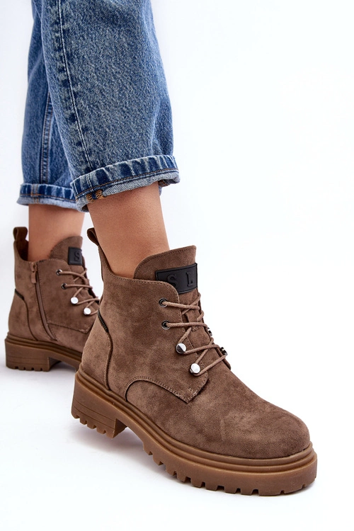 Niskie Botki Damskie Ocieplane Na Suwak Ciemnobeżowe Cameronia