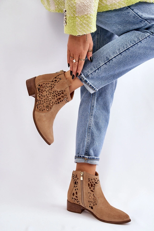 Damskie Ażurowe Botki Lewski Shoes 2909 Ciemnobeżowe