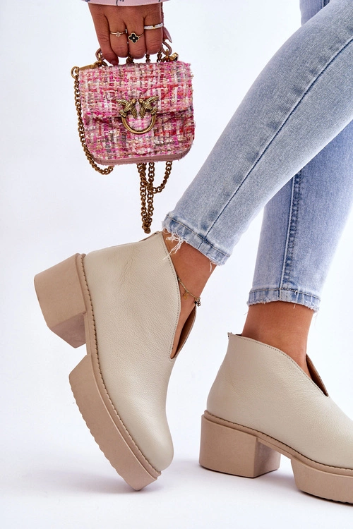 Skórzane Botki Na Masywnym Obcasie Nicole 2795/054 Jasnobeżowe