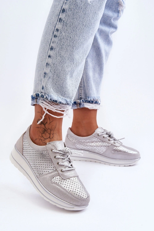 Skórzane Buty Sportowe Z Perforacją S.Barski AL22246 Srebrne