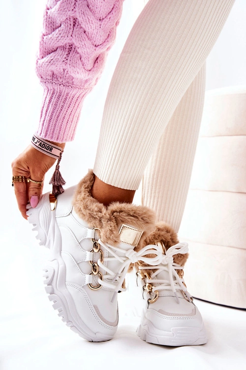 Skórzane Ocieplane Sportowe Buty Białe Shiney