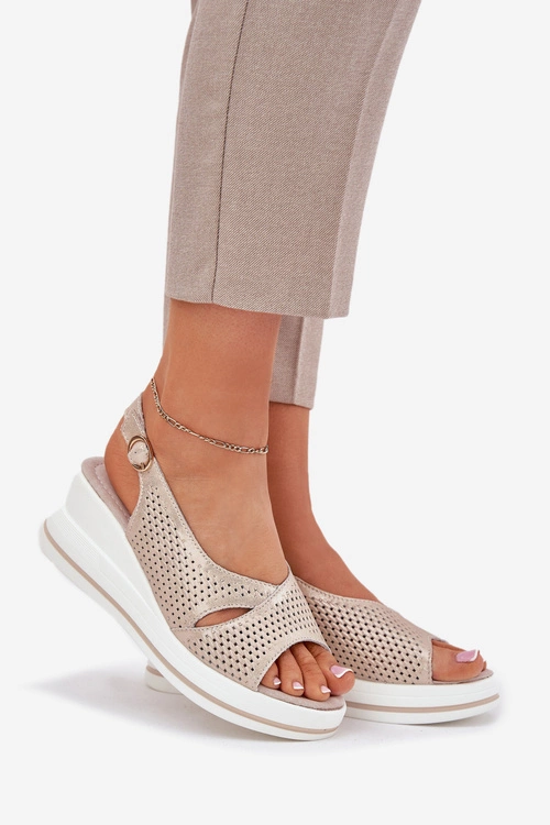 Skórzane Sandały Damskie Na Koturnie S.Barski LR51-660 Złote