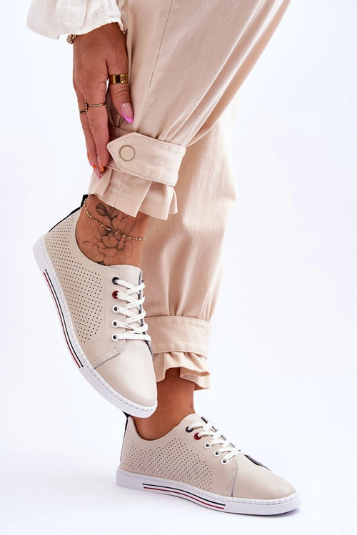 Damskie Ażurowe Skórzane Trampki Beżowe S.Barski LR952