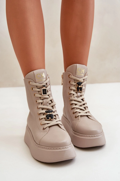 Damskie Skórzane Botki Workery Z Przypinkami Beżowe CheBello 4294