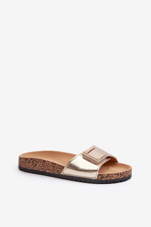 Klapki Damskie Na Korkowej Platformie Z Ozdobą Złote Elleriome