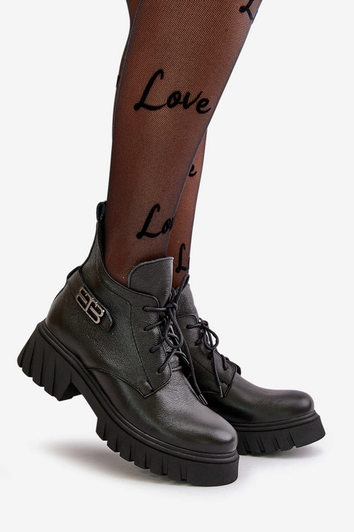 Zazoo 60483 Damskie Skórzane Botki Z Niską Cholewką Ocieplane Czarne