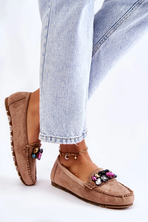 Damskie Zamszowe Mokasyny Z Ozdobami Beżowe Janetta