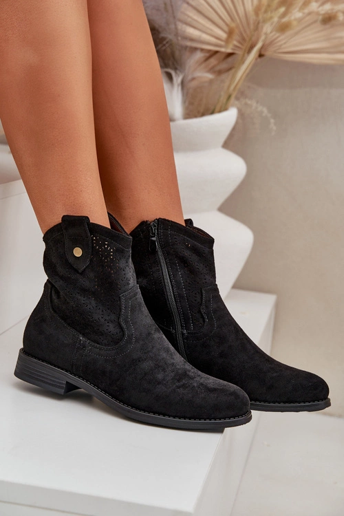 Ażurowe Botki Na Płaskim Obcasie S.Barski HY51-063 Czarne