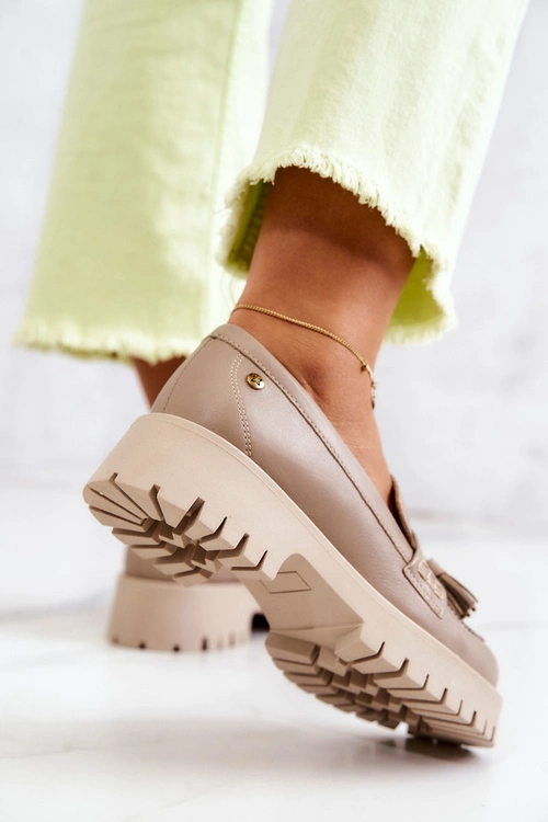 Damskie Skórzane Półbuty Frędzle Maciejka 05497-04 Beżowe