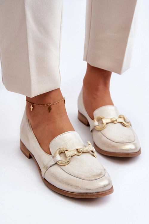 Zazoo 2880 Damskie Mokasyny Skórzane Z Ozdobą Złote