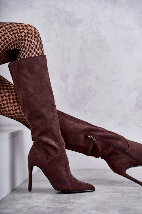 Klasyczne Zamszowe Kozaki Na Szpilce Brązowe Ameya