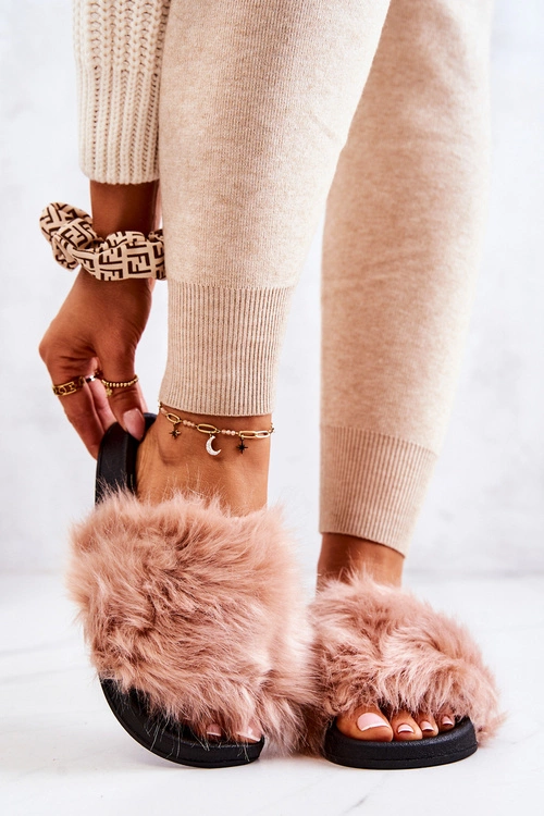 Klapki Z Futerkiem Gumowe Brudny Róż Pollie